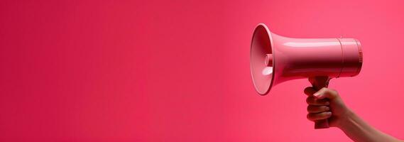 Generative AI, megaphone in hand on a empty pink background, panoramic image with copy space photo