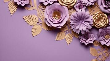 Generative AI, Paper cut craft flowers and golden leaves, light purple, digital lavender color, floral origami textured background, spring mood. photo