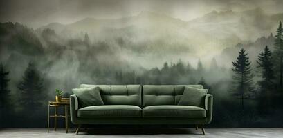 Generative AI, Interior design with couch, sofa and wallpaper of fir forest beautiful landscape in hipster vintage retro style, foggy mountains and trees. photo