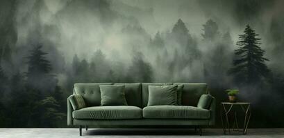 Generative AI, Interior design with couch, sofa and wallpaper of fir forest beautiful landscape in hipster vintage retro style, foggy mountains and trees. photo