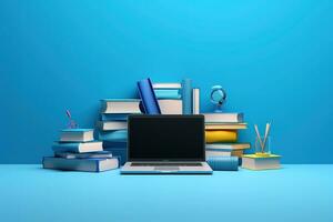 Back to school concept on blue background. Modern laptop, books, accessories and colorful pencils with abacus 3D Render 3D Illustration. Genrative by AI. photo