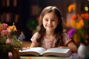 linda niños bebé niña sonriente y leyendo libro en vivo habitación a hogar noche Encendiendo. educación aprendizaje a hogar concepto. generativo por ai. foto