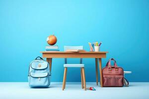 Back to school concept on blue background. Modern school bag, books, accessories and colorful pencils with abacus 3D Render 3D Illustration. Genrative by AI. photo