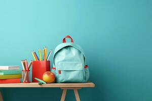 Back to school concept on blue background. Modern school bag, books, accessories and colorful pencils with abacus 3D Render 3D Illustration. Genrative by AI. photo