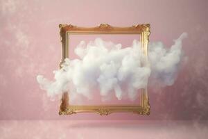 Generative AI, pastel light smoke around empty vintage beautiful frame. photo