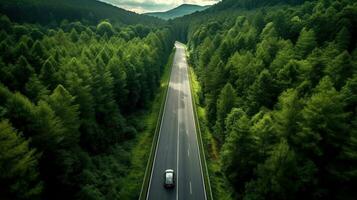 Generative AI, Aerial view of road between green forest, green landscape photo