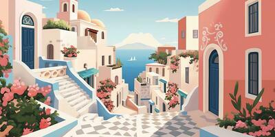 Generative AI, Santorini, Greece theme wall art print matisse style poster, flat style illustration photo