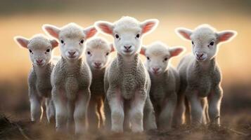 Generative AI, little lambs looking at the camera on a farm, baby sheeps photo