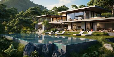 Generative AI, View of swimming pool in front of a modern luxury house. Villa, hotel resort photo
