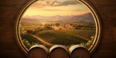 Generative AI, beautiful vineyard with wooden barrels, green landscape. Rows of vines on sunset photo