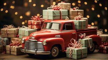 Generative AI, vintage Christmas car with many gifts, blue and red colors. Greeting xmas card, winter holidays photo