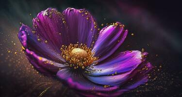 Generative AI, Close up of blooming flowerbeds of amazing viva magenta flowers on dark moody floral textured background with golden particles. Photorealistic paint effect. photo