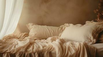 Generative AI, Relaxing bedroom detail of bed with natural linen textured bedding, muted neutral aesthetic colors photo