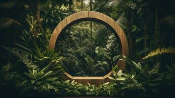 Generative AI, Empty circle wooden frame and tropical leaves on jungle background. For product display. photo