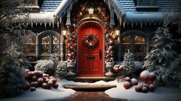 Generative AI, Front door with Christmas decoration, wreath and garland. Red and grey colors photo