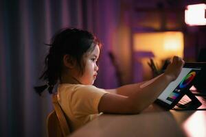 Asian girl smiling, laughing, excited, looking, wearing white headphone and using  pen touch on white screen tablet screen streaming night light. Cute girl watching videos while tv Internet addiction. photo