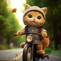 Colorful Cat riding a bike driving animation illustration and Beautiful Background photo