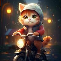 vistoso gato montando un bicicleta conducción animación ilustración y hermosa antecedentes foto