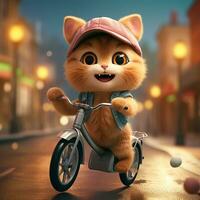 Colorful Cat riding a bike driving animation illustration and Beautiful Background photo