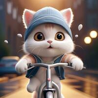 vistoso gato montando un bicicleta conducción animación ilustración y hermosa antecedentes foto