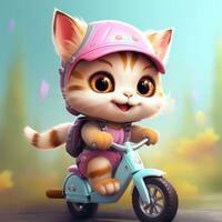 vistoso gato montando un bicicleta conducción animación ilustración y hermosa antecedentes foto