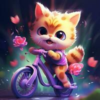 vistoso gato montando un bicicleta conducción animación ilustración y hermosa antecedentes foto