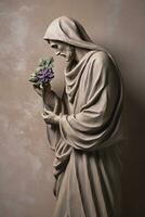 Generative AI, Photorealistic antique sculpture and flowers, muted neutral colors, 3d style ceramic statue photo