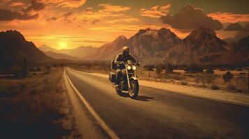 generativo ai, motocicleta jinete en calle equitación, puesta de sol cielo, teniendo divertido conducción el vacío autopista en un motocicleta excursión viaje foto