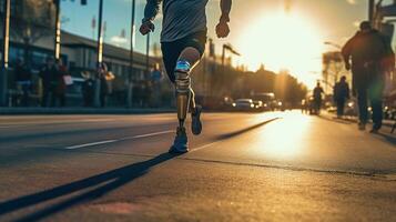 Generative AI, person with disability, prosthetic limb running and does not feel obstacles photo