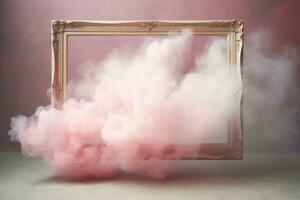 Generative AI, pastel light smoke around empty vintage beautiful frame. photo