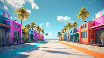 Generative AI, Miami beach huts, Summer Vibes retro illustration. Vintage pink and blue colors, buildings, California palms, 80s style photo