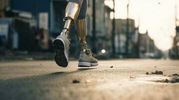 Generative AI, person with disability, prosthetic limb running and does not feel obstacles photo