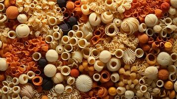 Generative AI, Variety of types, colors and shapes of Italian pasta, texture background photo
