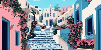 Generative AI, Santorini, Greece theme wall art print matisse style poster, flat style illustration photo