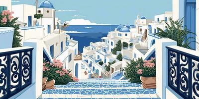 Generative AI, Santorini, Greece theme wall art print matisse style poster, flat style illustration photo