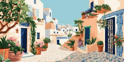 Generative AI, Santorini, Greece theme wall art print matisse style poster, flat style illustration photo