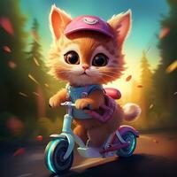 vistoso gato montando un bicicleta conducción animación ilustración y hermosa antecedentes foto