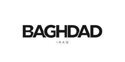 Baghdad in the Iraq emblem. The design features a geometric style, vector illustration with bold typography in a modern font. The graphic slogan lettering.