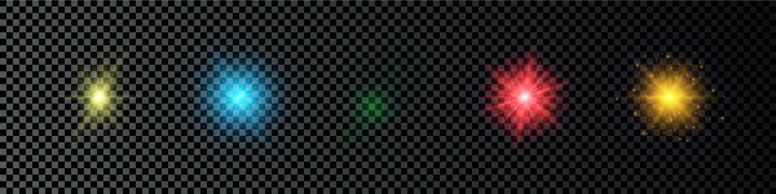 Light effect of lens flares. Set of five multicolor glowing lights starburst effects with sparkles on a dark background. Vector illustration