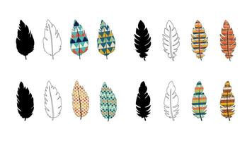 Big Set of Feathers. Tribal ethnic bright feathers of Indians. Stylized bird feathers. In color, contour, silhouette. Vector isolated on white. Indian culture. Design elements. Ornaments in boho style