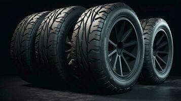 Black round car tires with rubber tread on alloy wheels on a black background. AI generated photo