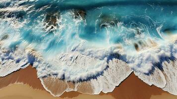 Top view of beautiful blue sea waves and sandy beach with rocks and reefs. AI generated photo