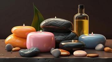 Scented candles, oil and stones for massage on the table in the spa salon. The concept of beauty and relaxation. AI generated photo