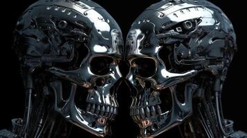 Two metallic shiny iron futuristic hi-tech skulls of cyborg robots looking at each other on a black background. AI generated photo