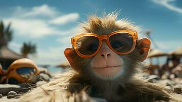 Little monkey in sunglasses on the beach on vacation resting, close-up face. AI generated photo