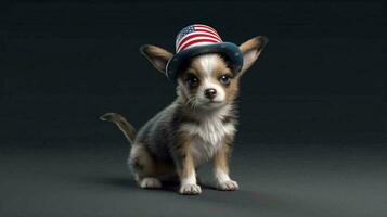 A small puppy sits in a hat the color of the American flag. Concept postcard with a dog for USA Independence Day. AI generated photo