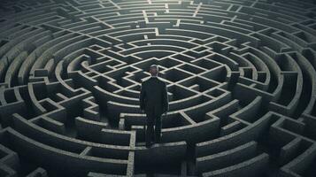 A man stands in a maze and thinks, view from the back. The concept of difficulty in making a decision. AI generated photo