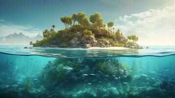 View of a paradise tropical island and corals with algae half from under the water and from the horizon line. AI generated photo