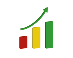 en haut La Flèche Suivant en augmentant 3d graphique icône. Ascendant graphique avec rouge, Jaune et vert barres. 3d illustration. positif prévoir concept png