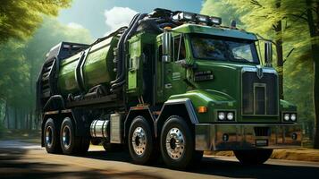 Green garbage truck with waste. The concept of recycling, separate waste collection to improve the environment. AI generated photo